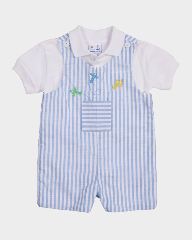 Boy's Striped Cotton Airplane Shortall and Polo Shirt Set, Size 3M-24